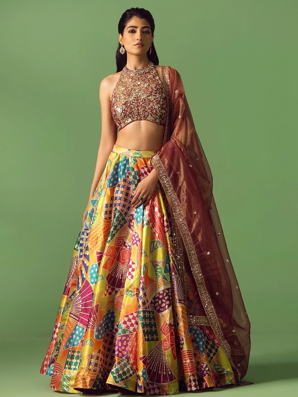 Multicolor Printed Silk Lehenga